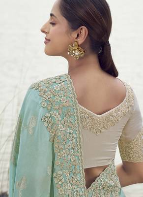 Light sky blue tissue silk with jaquard designer blouse wedding wear saree 3