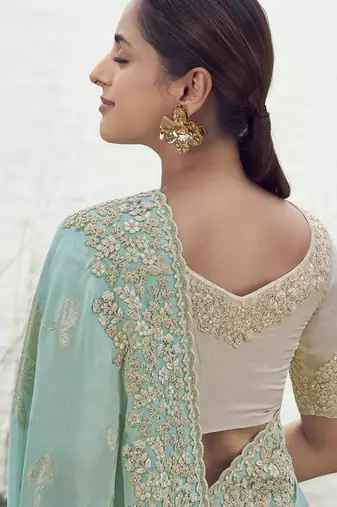 Light sky blue tissue silk with jaquard designer blouse wedding wear saree