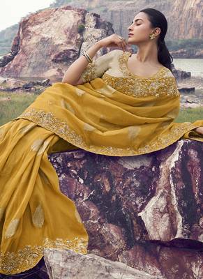 Mustard pure satin silk with jaquard designer blouse wedding wear saree 3