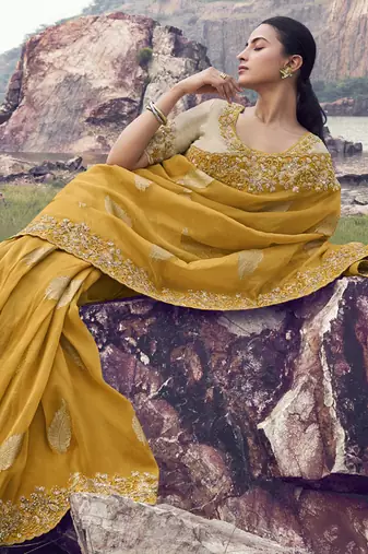 Mustard pure satin silk with jaquard designer blouse wedding wear saree