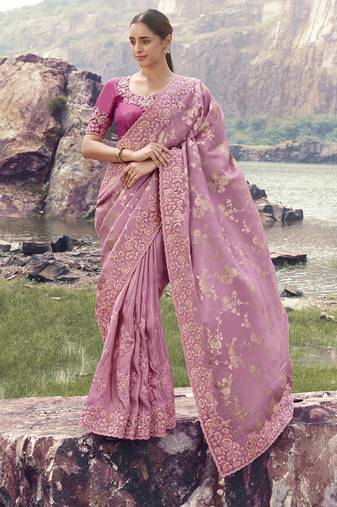 Onion pink tissue silk with jaquard designer blouse wedding wear saree