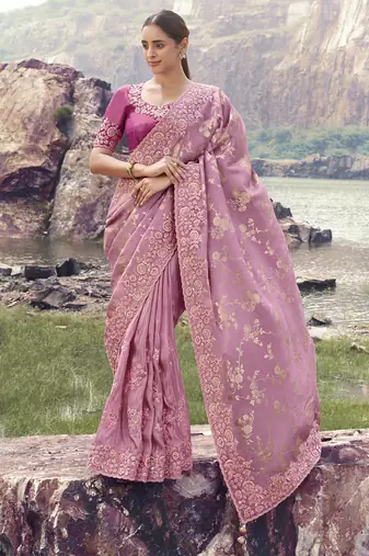 Onion pink tissue silk with jaquard designer blouse wedding wear saree