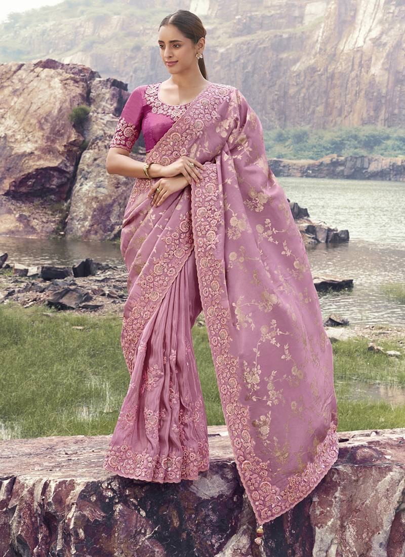 Onion pink tissue silk with jaquard designer blouse wedding wear saree