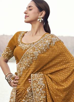 Mustard pure satin silk with jaquard designer blouse wedding wear saree 4