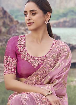Onion pink tissue silk with jaquard designer blouse wedding wear saree 2
