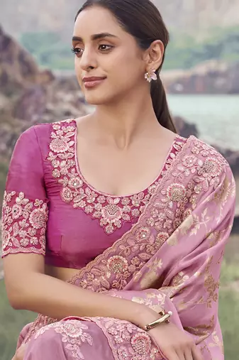 Onion pink tissue silk with jaquard designer blouse wedding wear saree