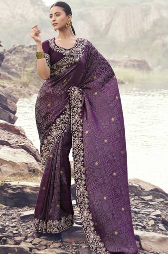 Wine pure satin silk with jaquard with designer blouse wedding wear saree
