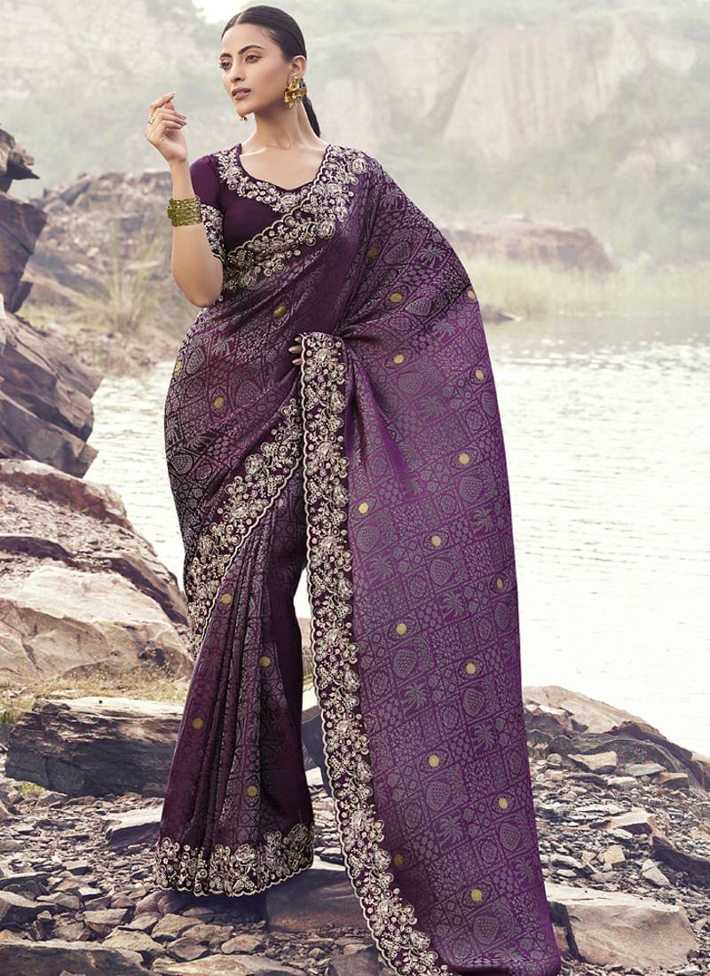 Wine pure satin silk with jaquard with designer blouse wedding wear saree