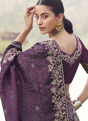 Wine pure satin silk with jaquard with designer blouse wedding wear saree 2