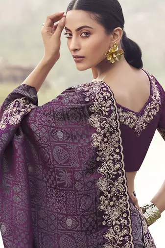 Wine pure satin silk with jaquard with designer blouse wedding wear saree