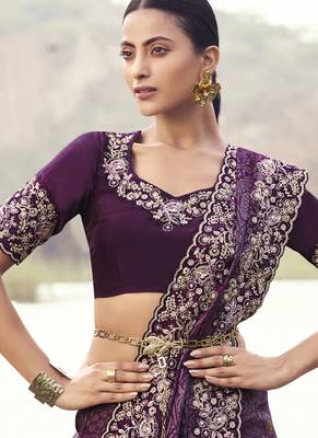 Wine pure satin silk with jaquard with designer blouse wedding wear saree 3