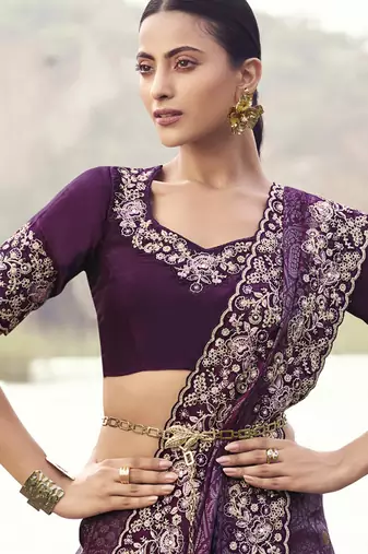 Wine pure satin silk with jaquard with designer blouse wedding wear saree
