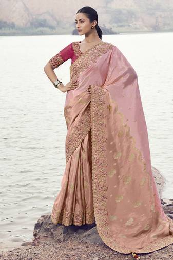 Shaded peach tissue silk with oraganza silk with designer blouse wedding wear saree