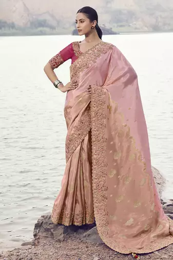 Shaded peach tissue silk with oraganza silk with designer blouse wedding wear saree