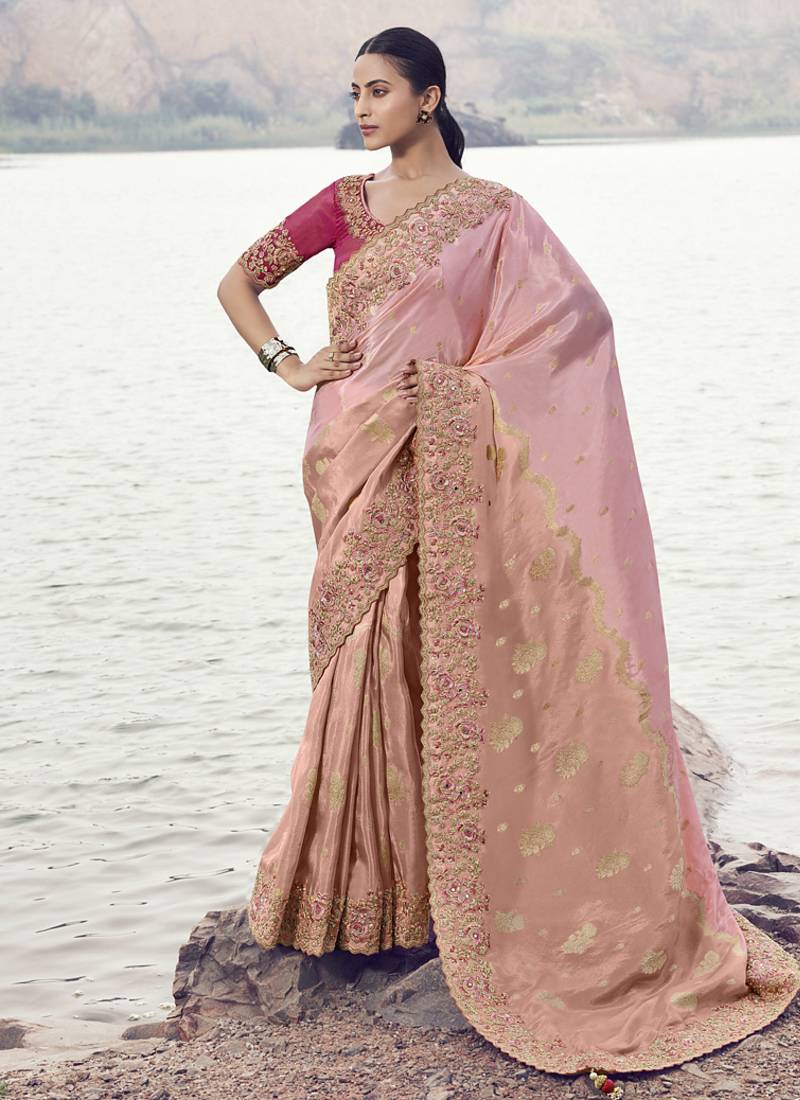 Shaded peach tissue silk with oraganza silk with designer blouse wedding wear saree