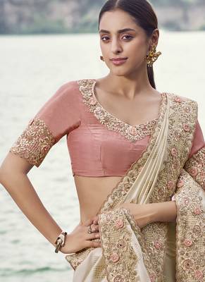 Off white satin silk with designer blouse wedding wear saree 2