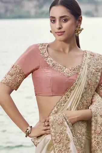 Off white satin silk with designer blouse wedding wear saree