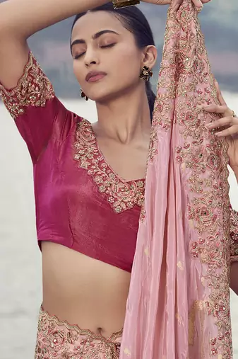 Shaded peach tissue silk with oraganza silk with designer blouse wedding wear saree