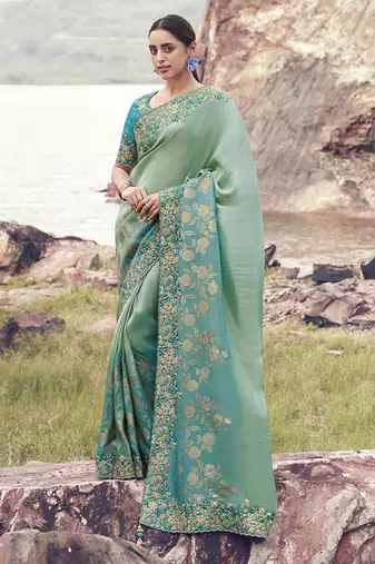 Shaded turquoise bhagalpuri tissue silk & jaquard with designer blouse wedding wear saree