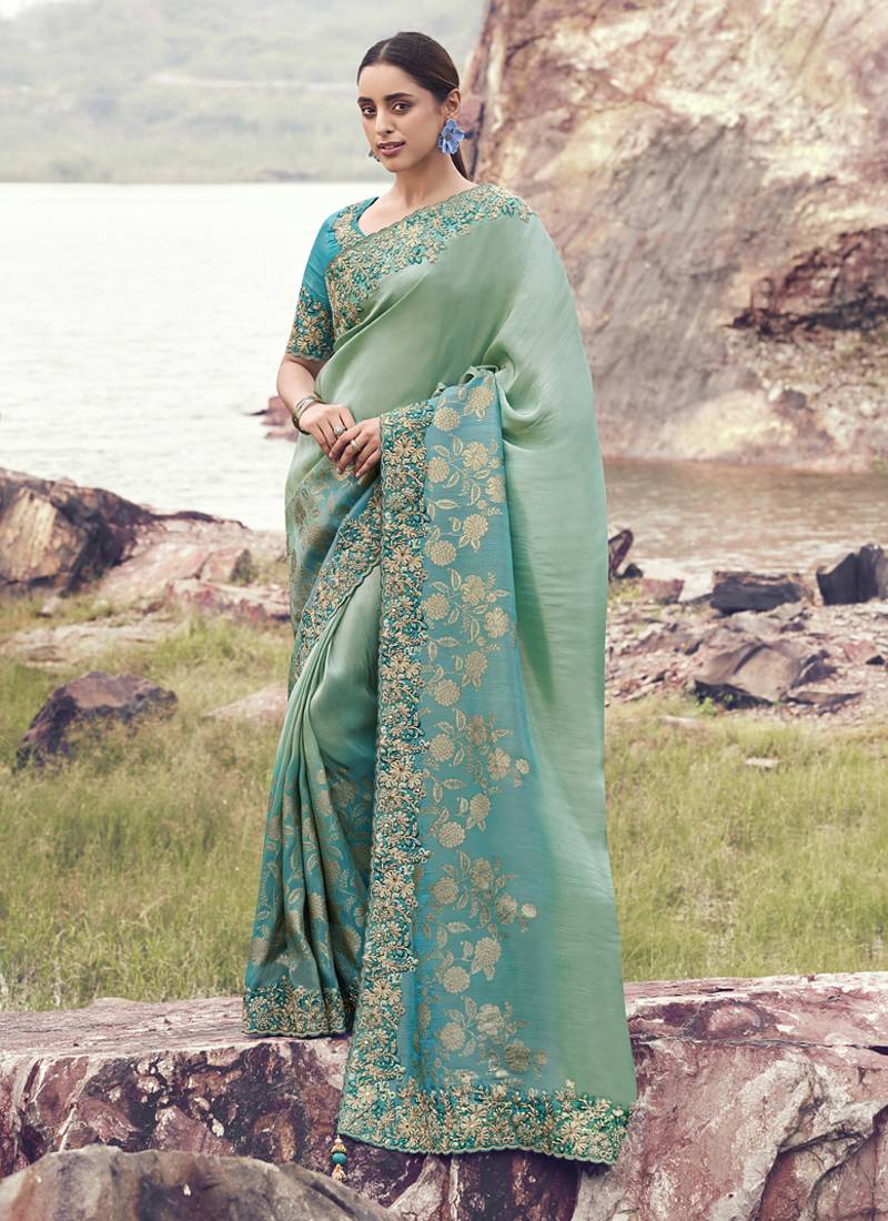 Shaded turquoise bhagalpuri tissue silk & jaquard with designer blouse wedding wear saree