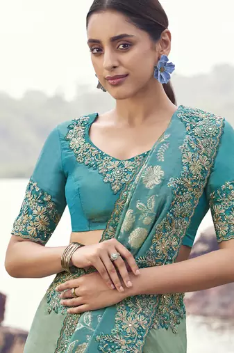 Shaded turquoise bhagalpuri tissue silk & jaquard with designer blouse wedding wear saree