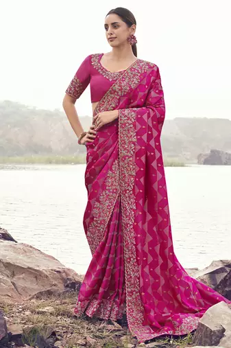 Rani pure satin silk with jaquard with designer blouse wedding wear saree