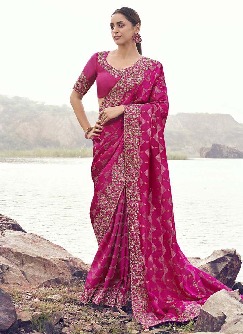 Rani pure satin silk with jaquard with designer blouse wedding wear saree