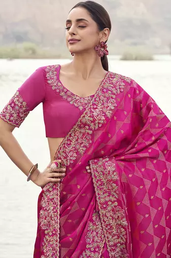 Rani pure satin silk with jaquard with designer blouse wedding wear saree