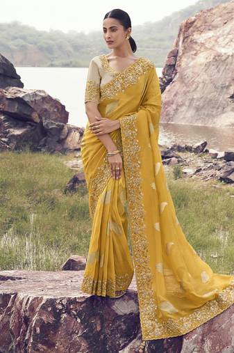 Mustard tissue silk with jaquard with designer blouse wedding wear saree