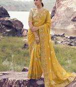 Mustard tissue silk with jaquard with designer blouse wedding wear saree