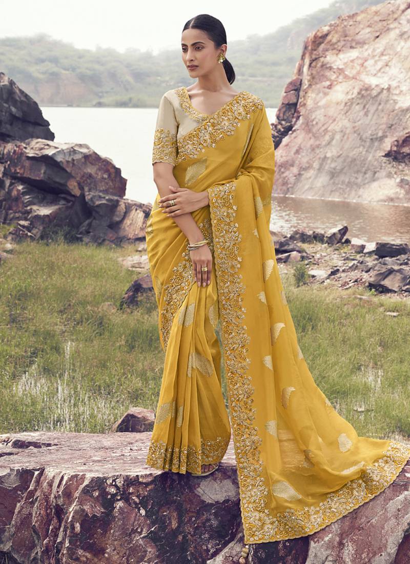 Mustard tissue silk with jaquard with designer blouse wedding wear saree
