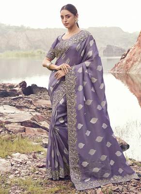 Lavender tissue silk with jaquard with designer blouse wedding wear saree 1