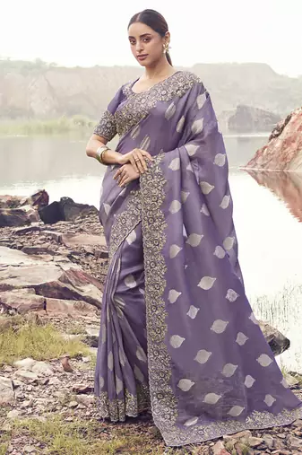 Lavender tissue silk with jaquard with designer blouse wedding wear saree