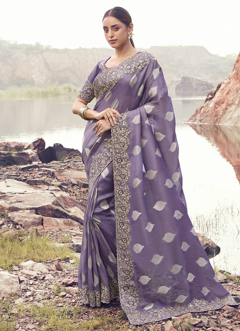 Lavender tissue silk with jaquard with designer blouse wedding wear saree