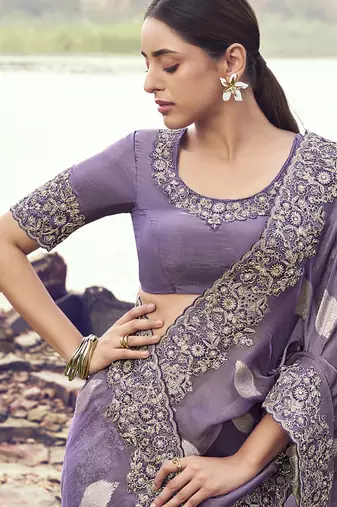 Lavender tissue silk with jaquard with designer blouse wedding wear saree