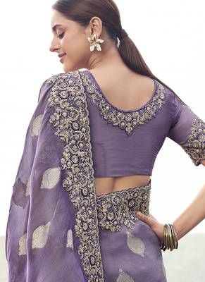 Lavender tissue silk with jaquard with designer blouse wedding wear saree 3