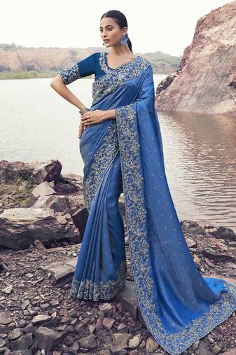 Blue satin silk with jaquard with designer blouse wedding wear saree