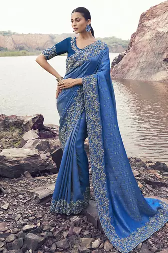 Blue satin silk with jaquard with designer blouse wedding wear saree