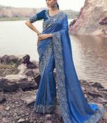 Blue satin silk with jaquard with designer blouse wedding wear saree
