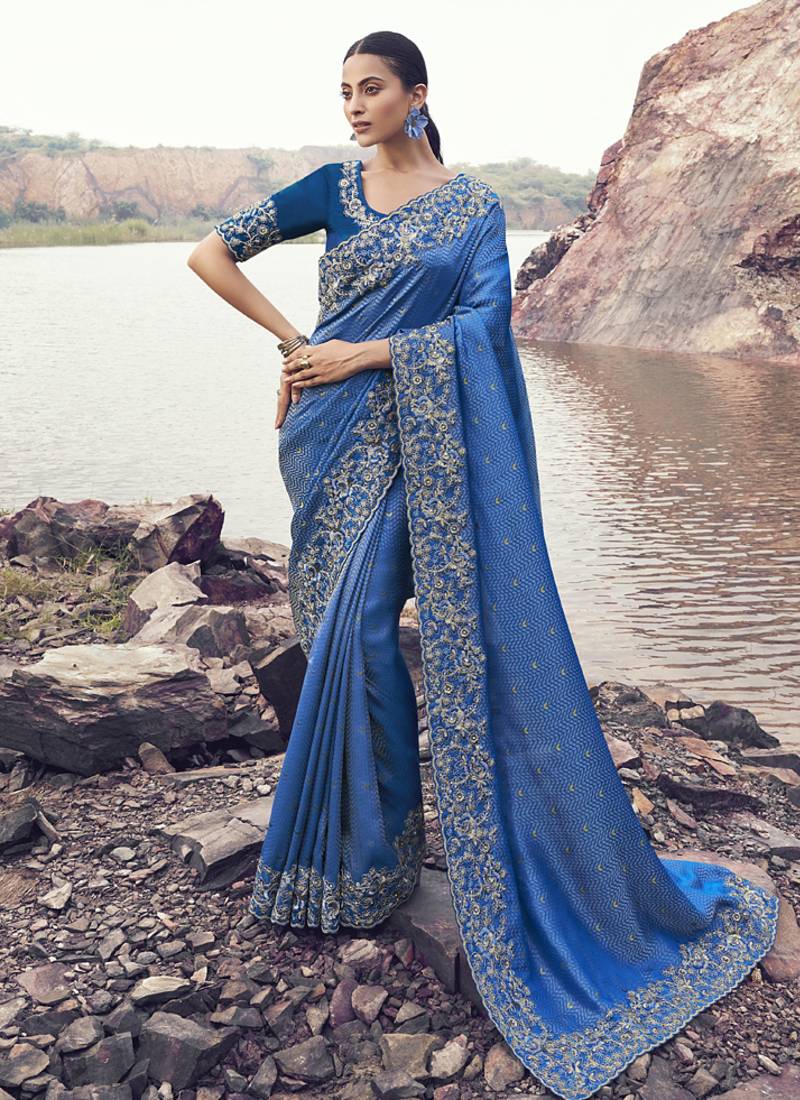 Blue satin silk with jaquard with designer blouse wedding wear saree