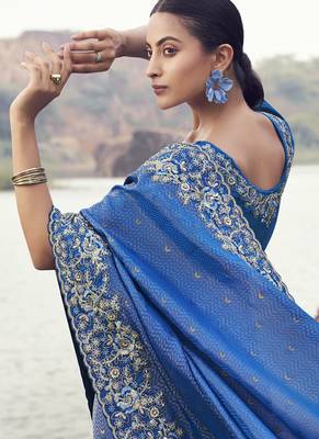 Blue satin silk with jaquard with designer blouse wedding wear saree 2