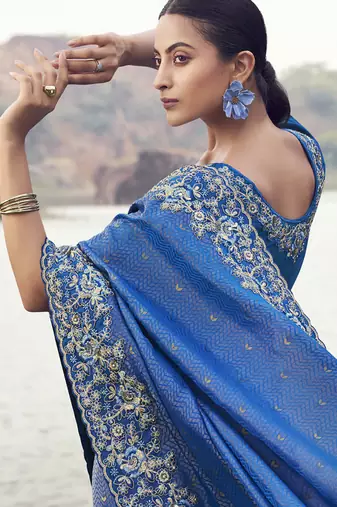 Blue satin silk with jaquard with designer blouse wedding wear saree