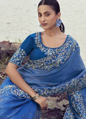 Blue satin silk with jaquard with designer blouse wedding wear saree 3
