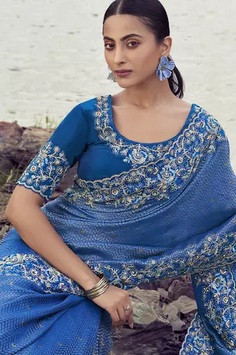 Blue satin silk with jaquard with designer blouse wedding wear saree