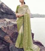 Beige & olive shaded tissue silk with jaquard designer blouse wedding wear saree