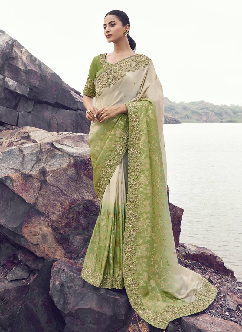 Beige & olive shaded tissue silk with jaquard designer blouse wedding wear saree