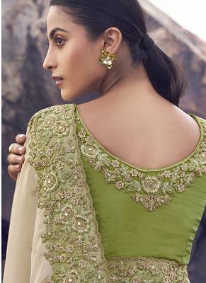 Beige & olive shaded tissue silk with jaquard designer blouse wedding wear saree 2