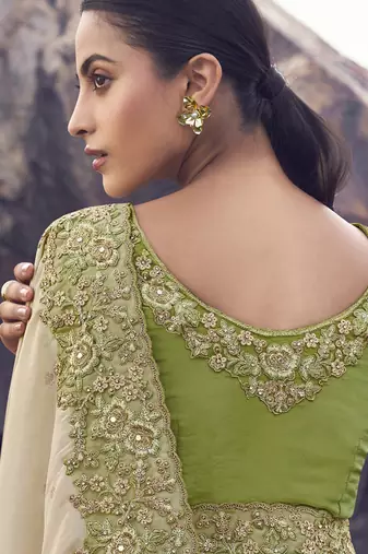 Beige & olive shaded tissue silk with jaquard designer blouse wedding wear saree