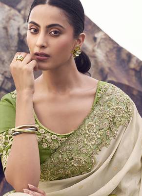 Beige & olive shaded tissue silk with jaquard designer blouse wedding wear saree 3