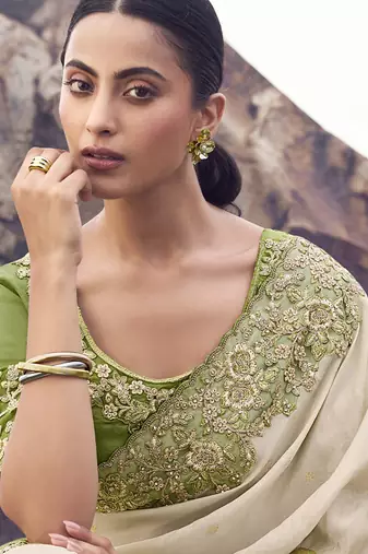 Beige & olive shaded tissue silk with jaquard designer blouse wedding wear saree